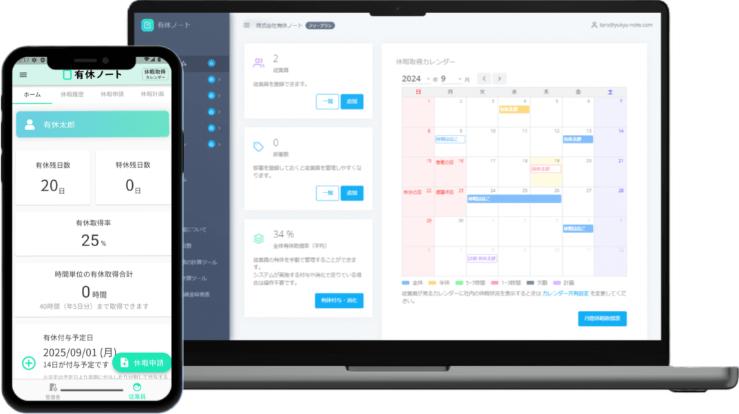 有休ノートのアプリと管理画面のキャプチャ